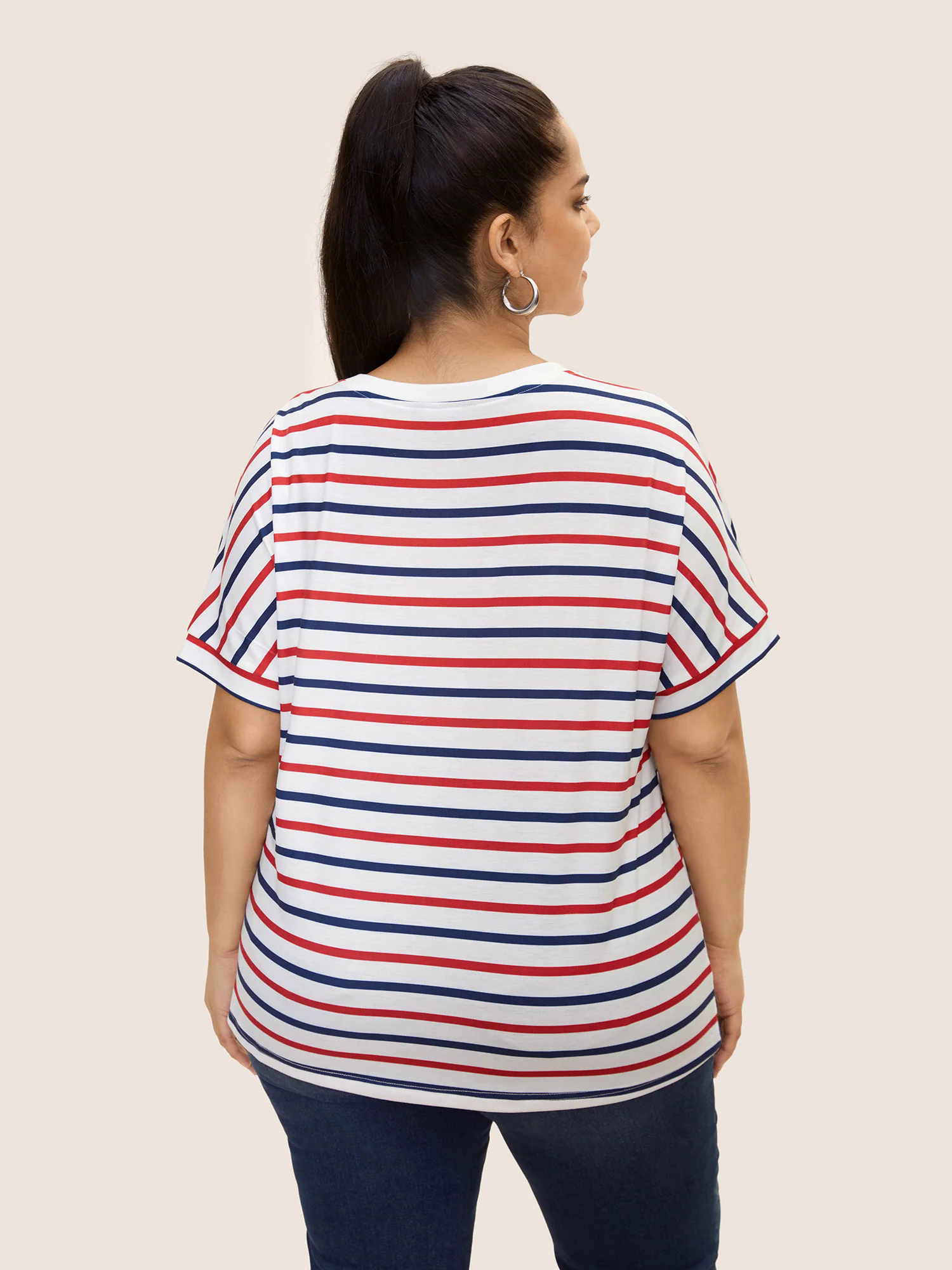 Crew Neck Contrast Striped Batwing Sleeve T-shirt Crew Neck Contrast Striped Batwing Sleeve T-shirt