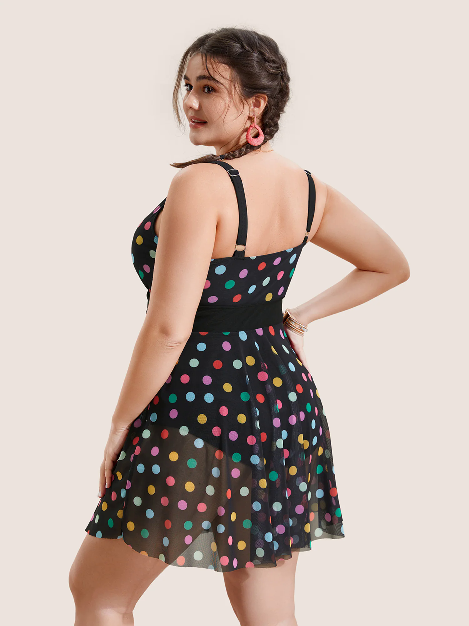 Overlap Collar Colored Polka Dot Swim Dress