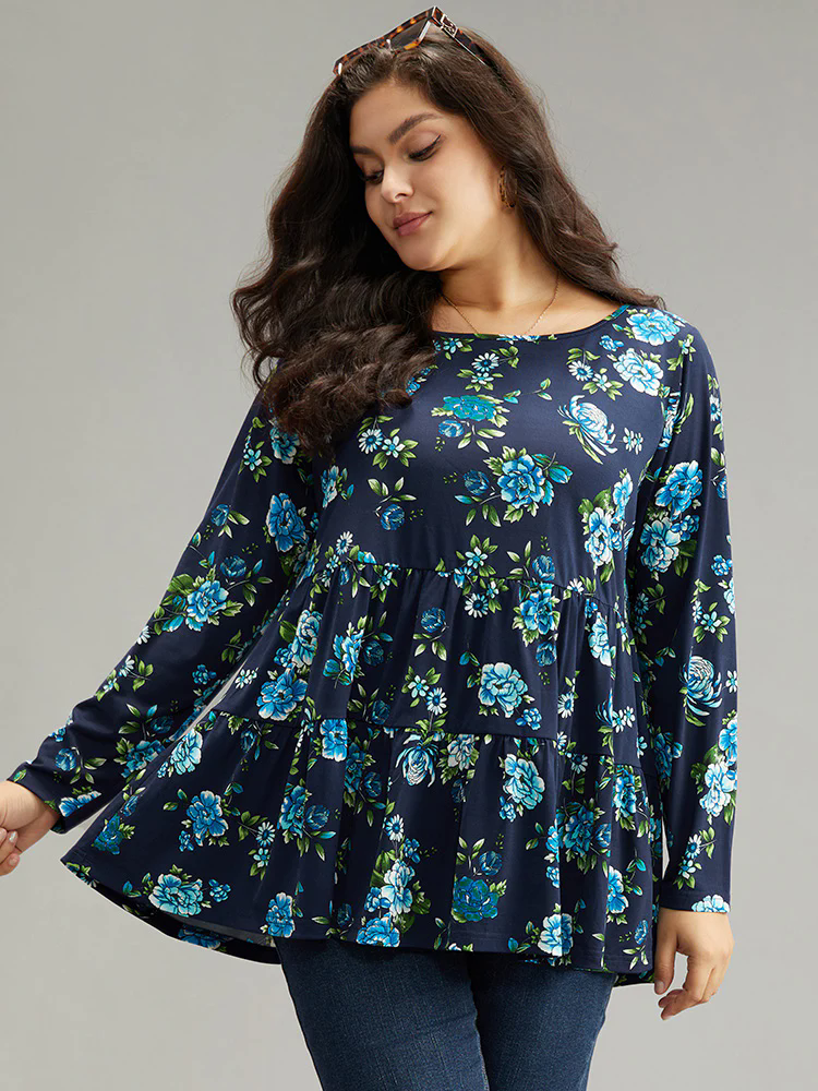 Floral Print Flutter Hem Gathered T-shirt Floral Print Flutter Hem Gathered T-shirt