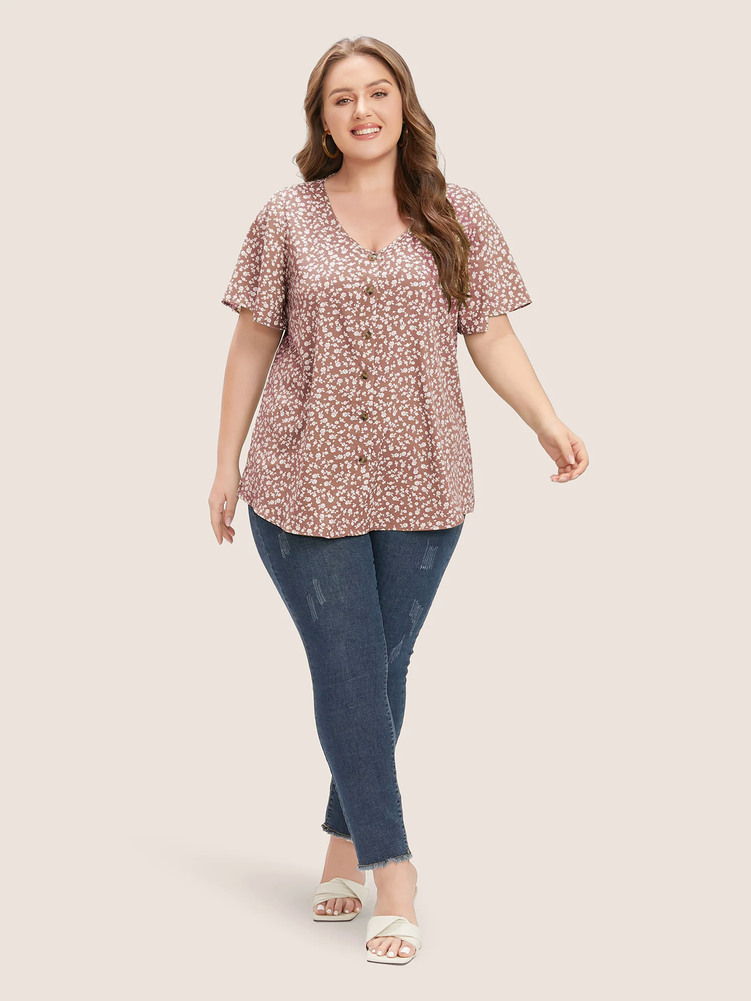 Ditsy Floral Ruffle Sleeve Button Detail Blouse Ditsy Floral Ruffle Sleeve Button Detail Blouse