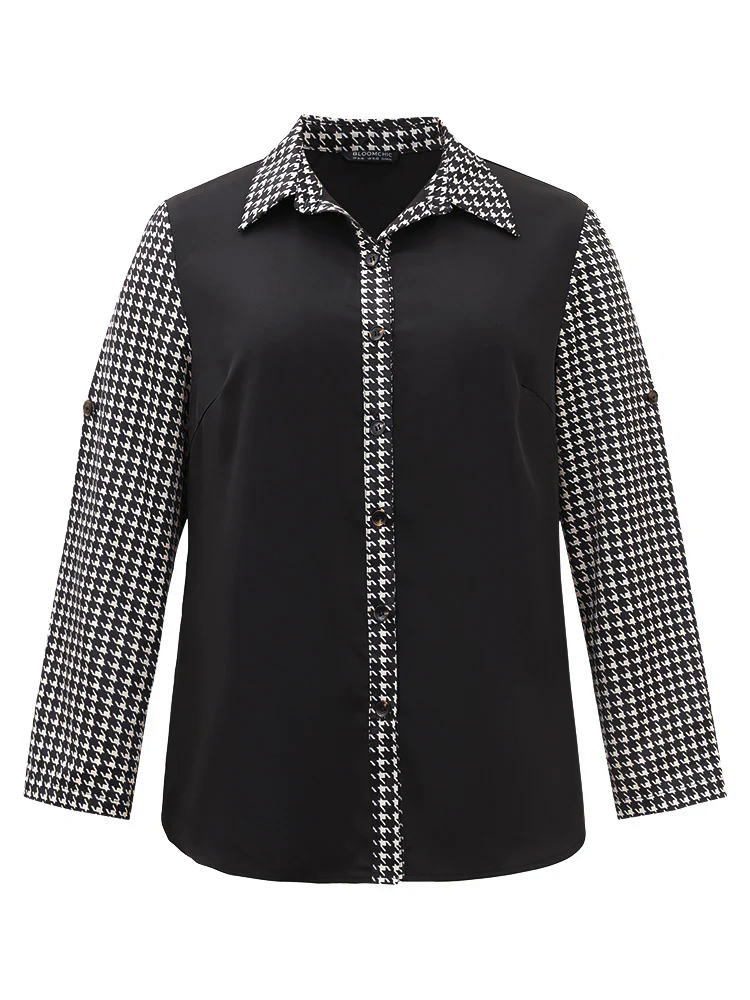 Twill Houndstooth Tab Sleeve Patchwork Blouse Twill Houndstooth Tab Sleeve Patchwork Blouse