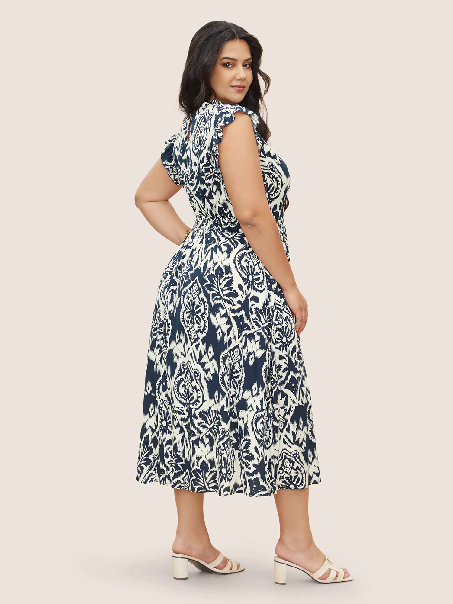 Boho Print Mock Neck Shirred Ruffle Cap Sleeve Dress Boho Print Mock Neck Shirred Ruffle Cap Sleeve Dress