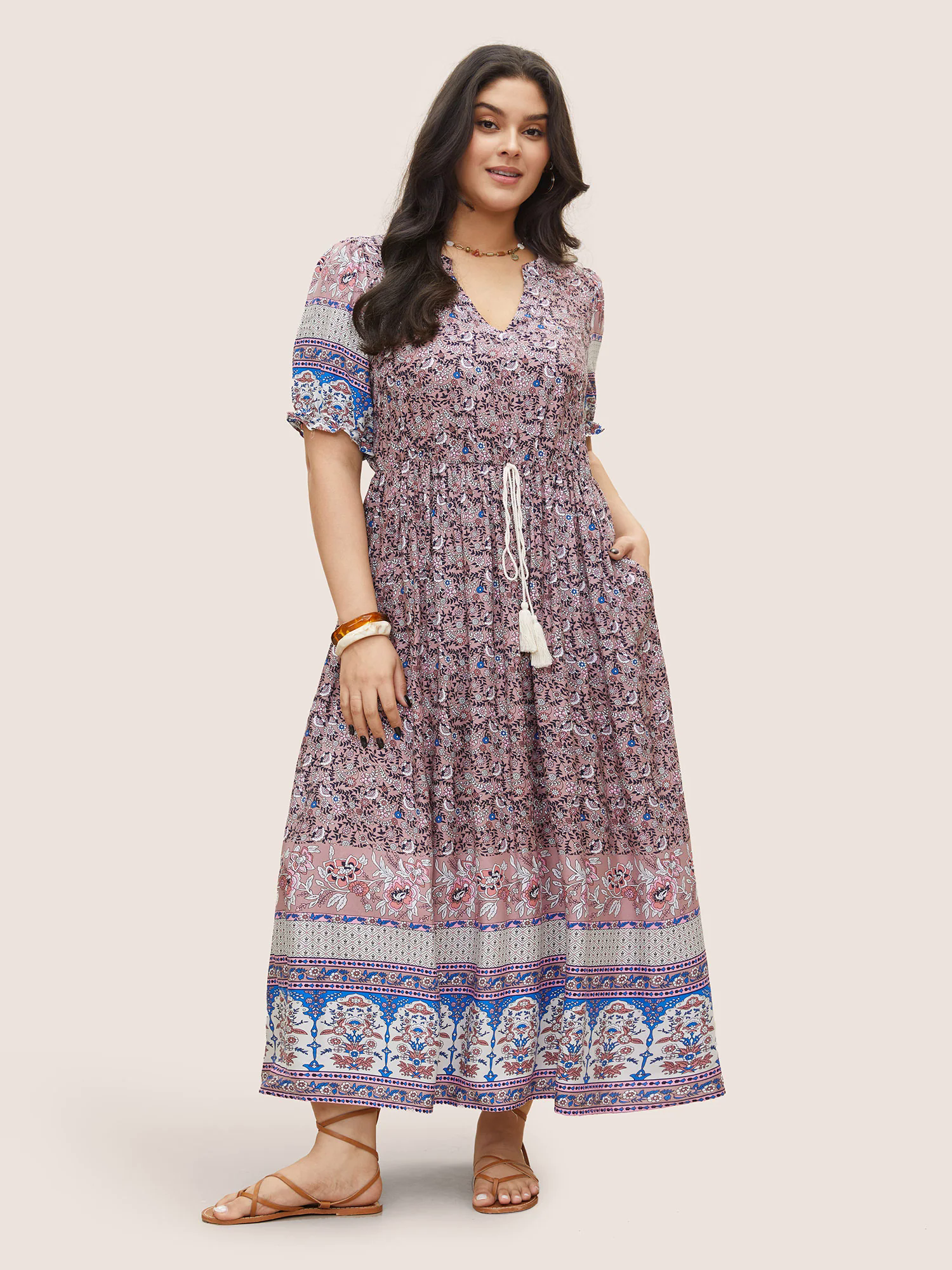 Boho Print Notched Ties Tassel Trim Dress Boho Print Notched Ties Tassel Trim Dress