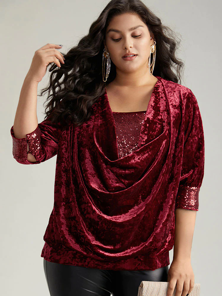 Cowl Neck 2-In-1 Sequin Patchwork Blouse Cowl Neck 2-In-1 Sequin Patchwork Blouse