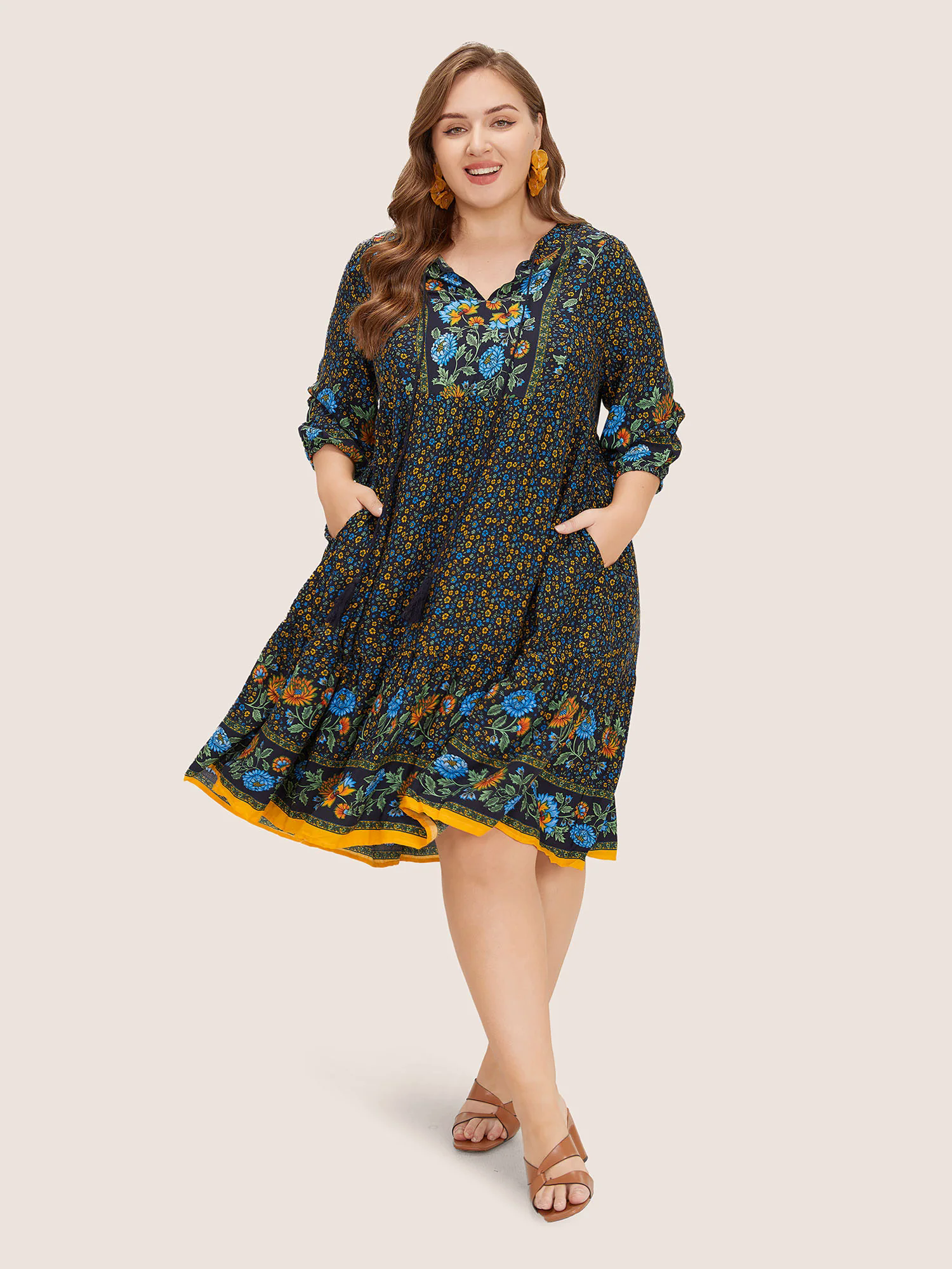 Bandana Tassels Lantern Sleeve Ruffle Pocket Keyhole Neck Dress Bandana Tassels Lantern Sleeve Ruffle Pocket Keyhole Neck Dress