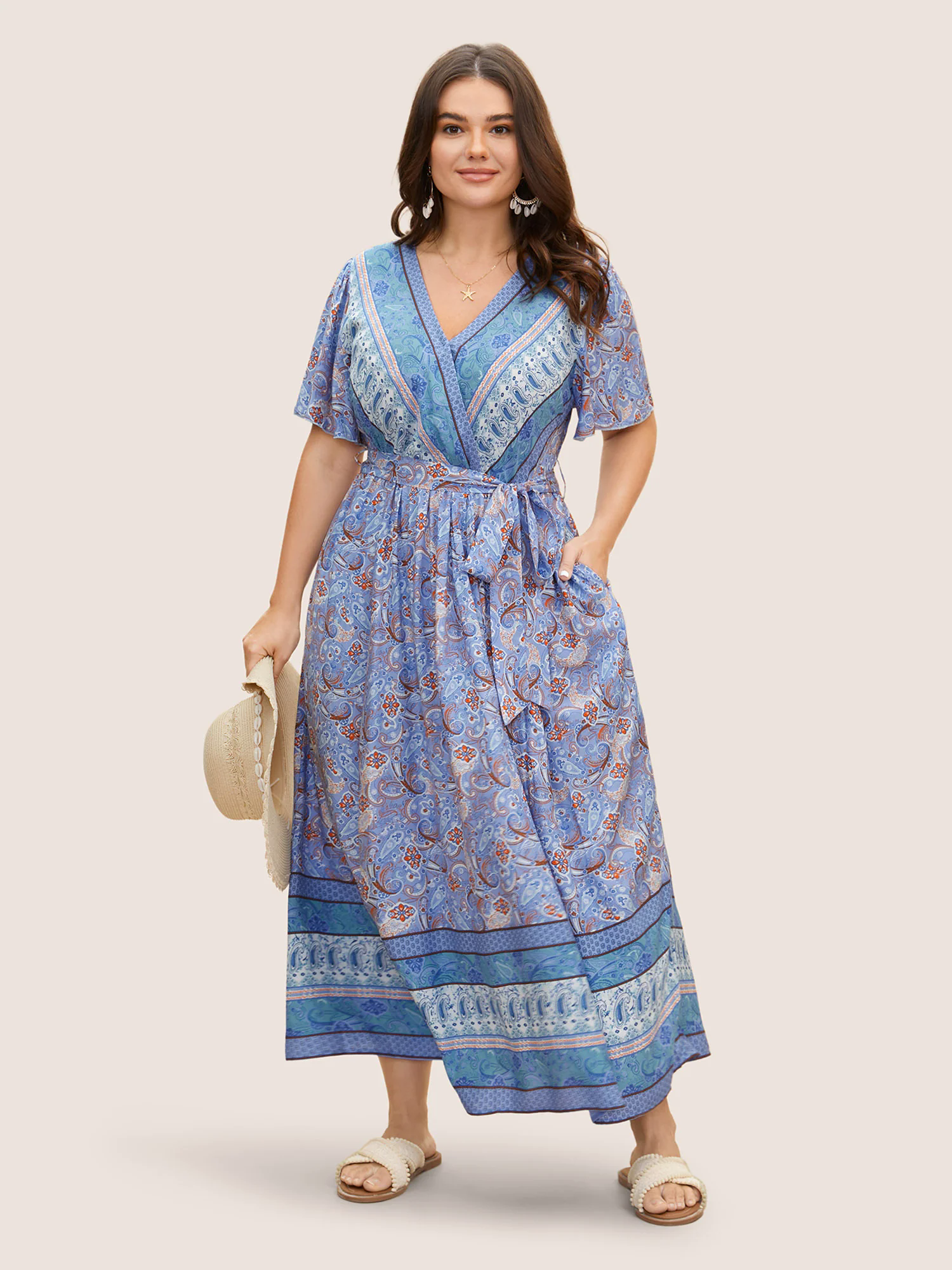 Bandana Surplice Neck Pocket Belted Flutter Hem Maxi Dress Bandana Surplice Neck Pocket Belted Flutter Hem Maxi Dress