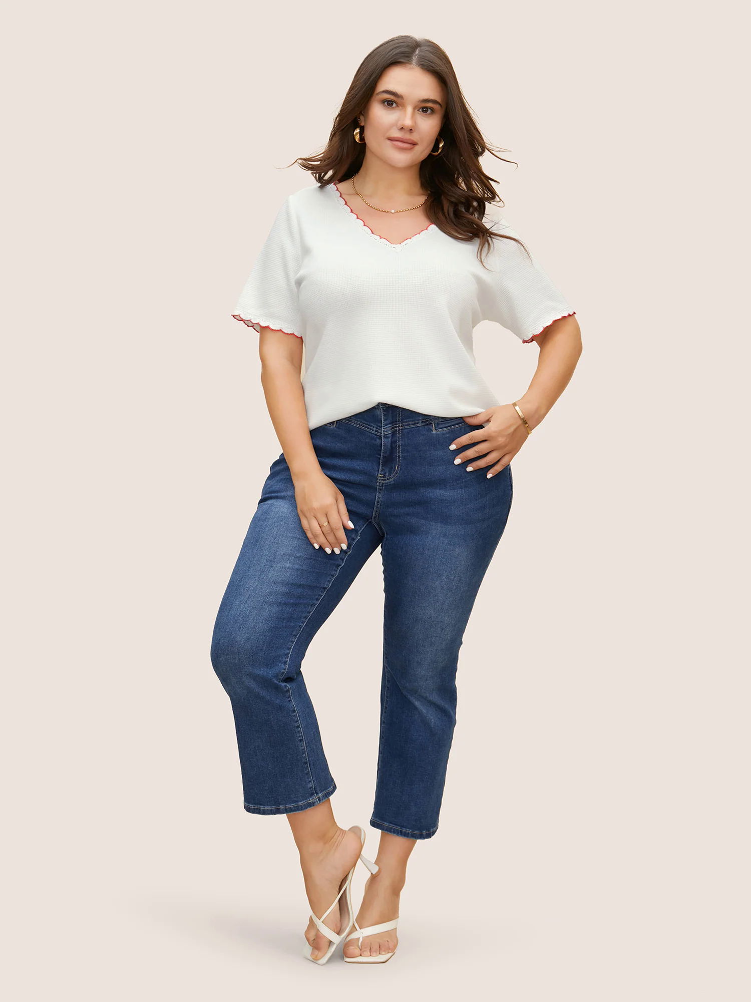 V Neck Texture Contrast Woven Ribbon T-shirt V Neck Texture Contrast Woven Ribbon T-shirt