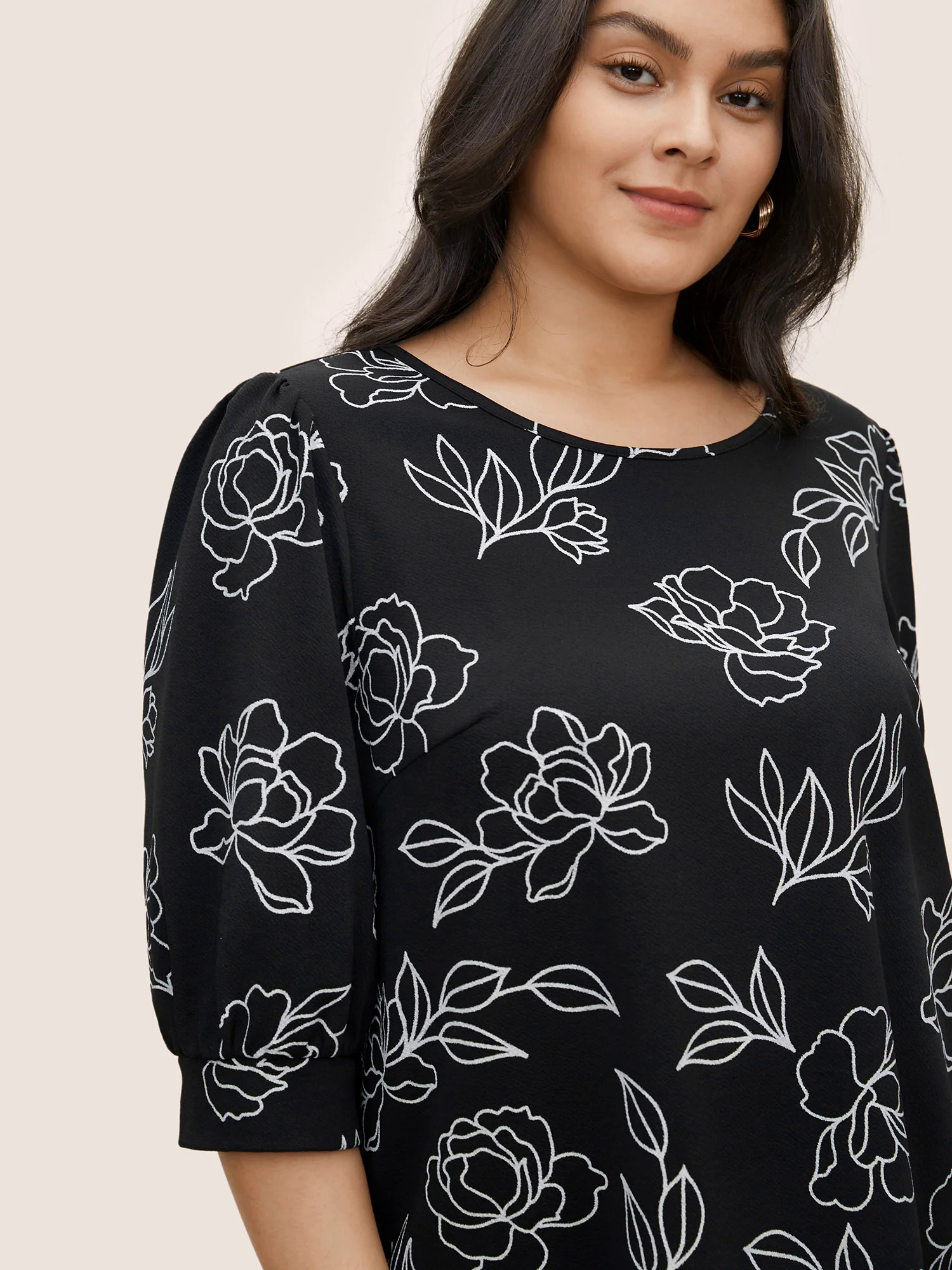 Floral Print Crew Neck Lantern Sleeve T-shirt