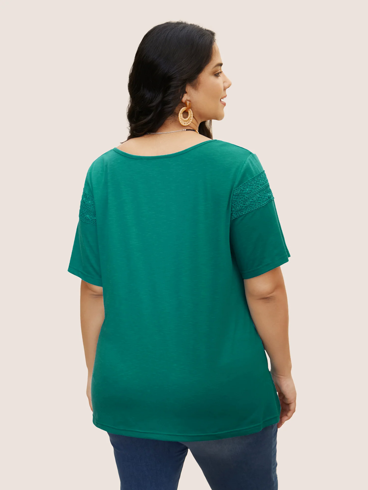 Plain V Neck Lace Panel T-shirt Plain V Neck Lace Panel T-shirt