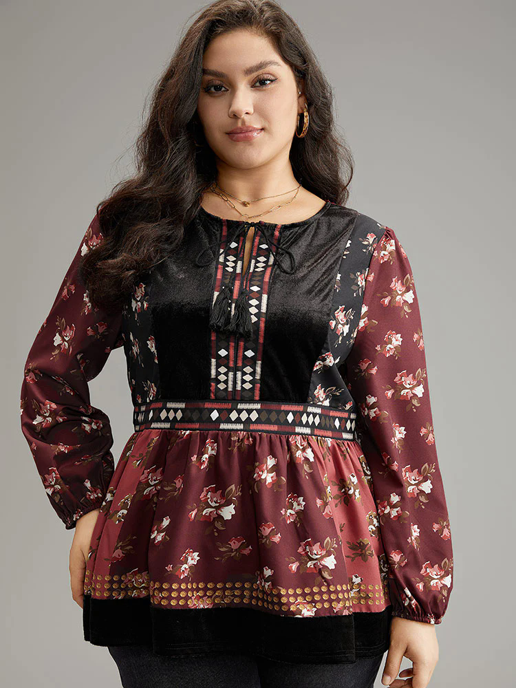 Velvet Floral Contrast Knot Neck Tassel Blouse Velvet Floral Contrast Knot Neck Tassel Blouse