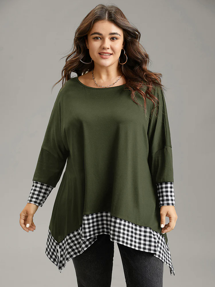 Plaid Patchwork Hanky Hem T-shirt Plaid Patchwork Hanky Hem T-shirt