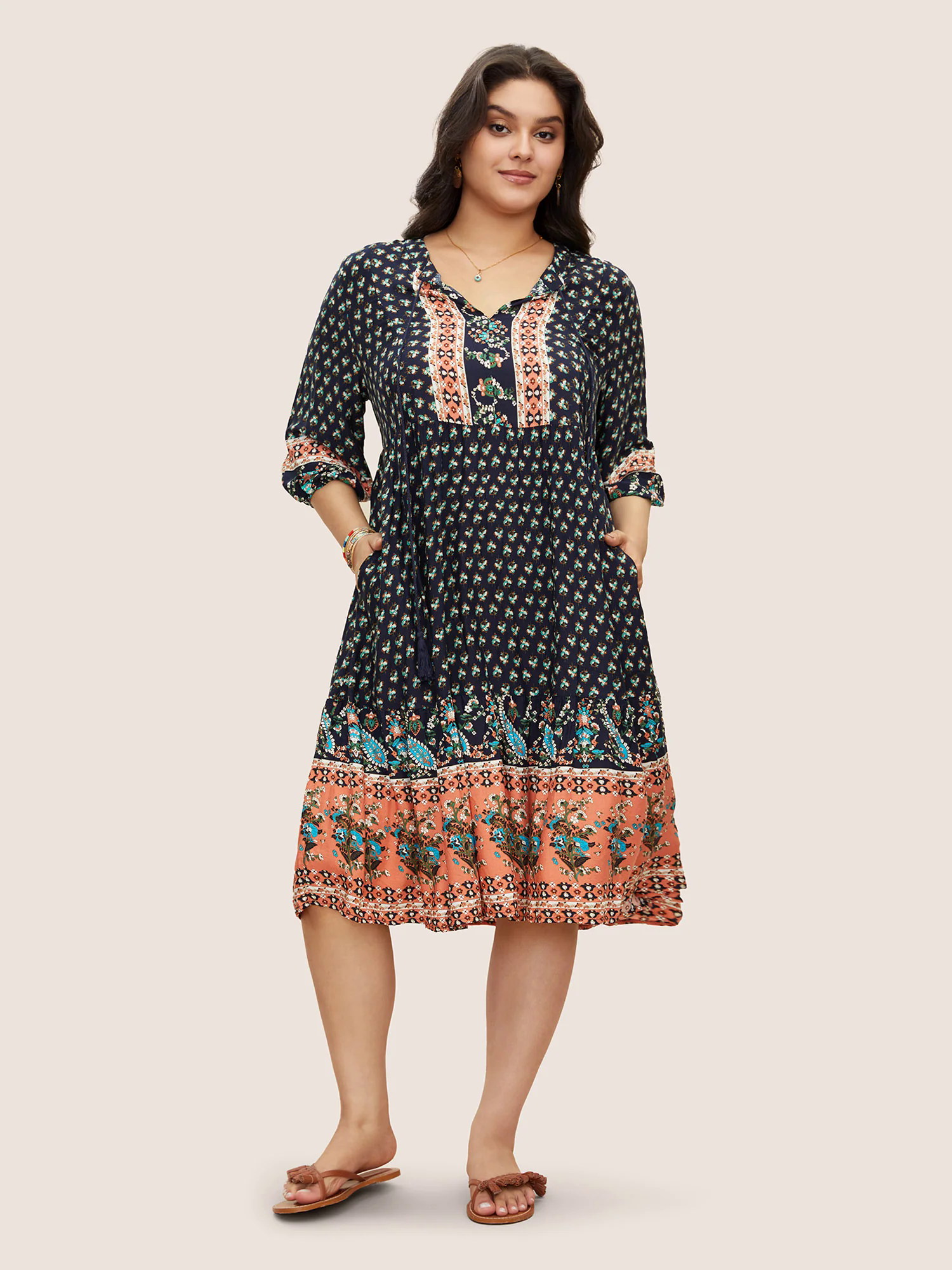 Bandana Tassels Lantern Sleeve Ruffle Pocket Keyhole Neck Dress Bandana Tassels Lantern Sleeve Ruffle Pocket Keyhole Neck Dress