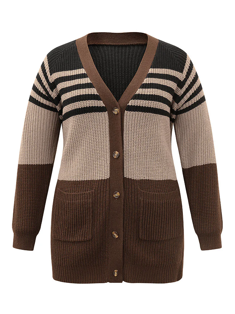 Striped Colorblock Patched Pocket Cardigan Striped Colorblock Patched Pocket Cardigan