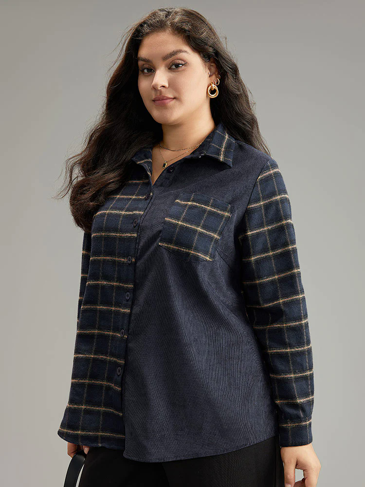 Shirt Collar Plaid Patchwork Pocket Blouse Shirt Collar Plaid Patchwork Pocket Blouse