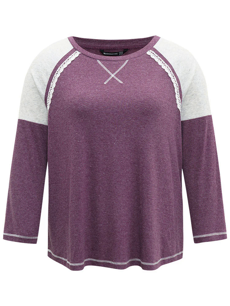Two Tone Lace Trim Stitch Raglan Sleeve T-shirt Two Tone Lace Trim Stitch Raglan Sleeve T-shirt