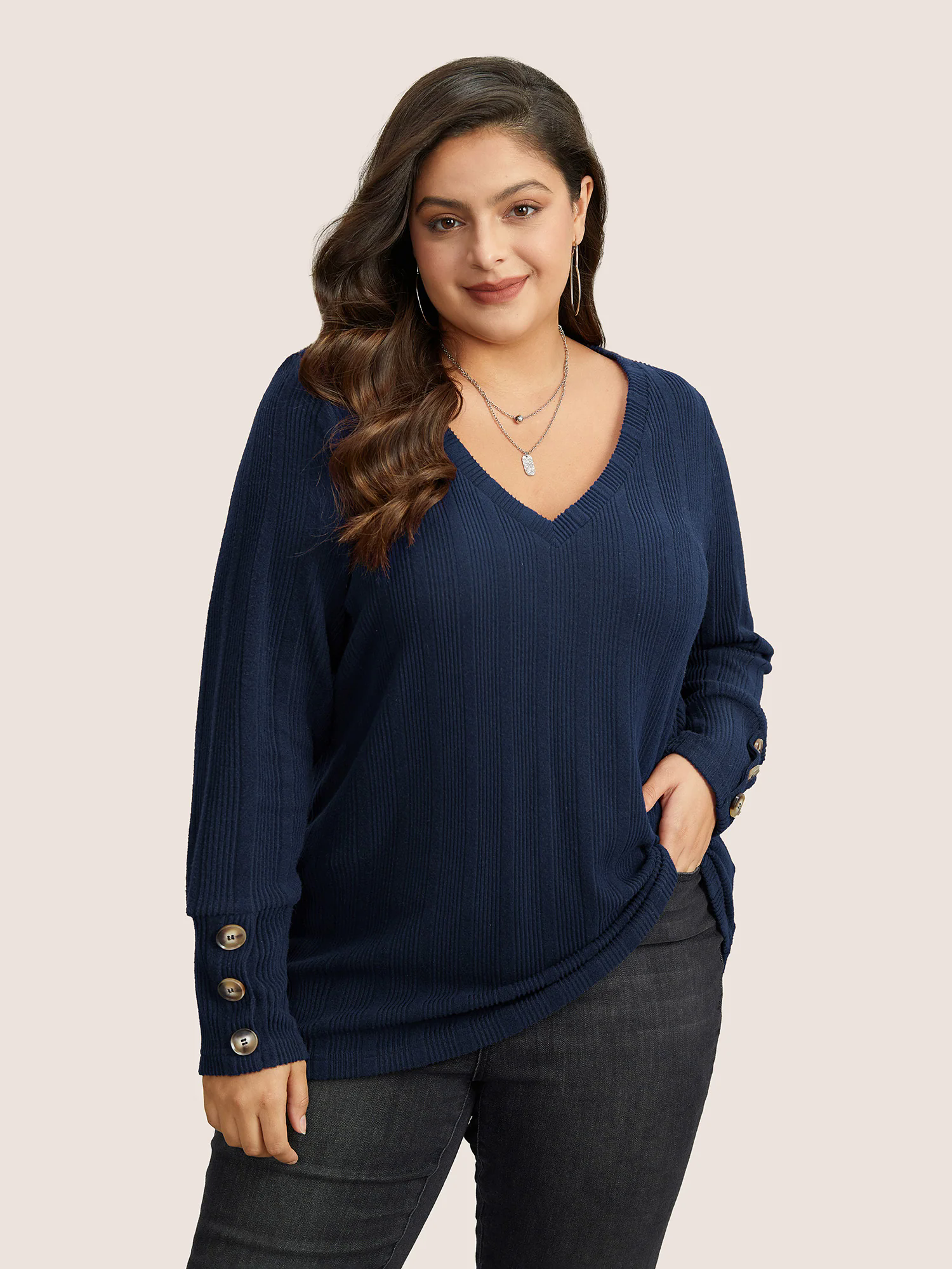 Rib Knit V Neck Button Detail T-shirt Rib Knit V Neck Button Detail T-shirt