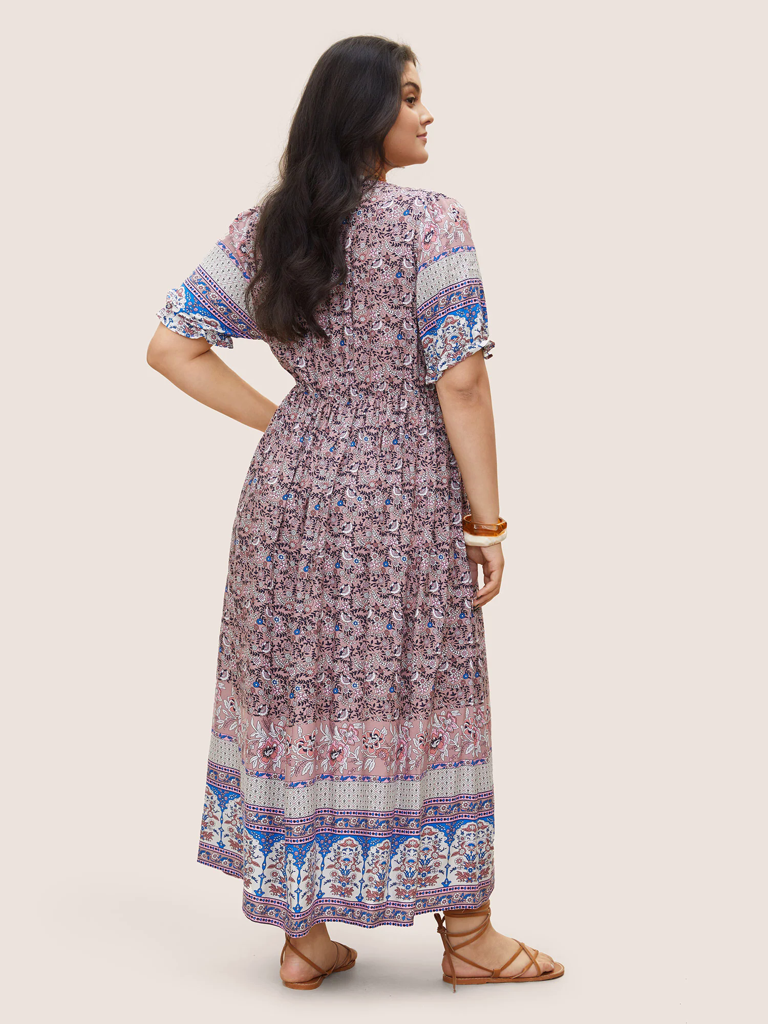 Boho Print Notched Ties Tassel Trim Dress Boho Print Notched Ties Tassel Trim Dress