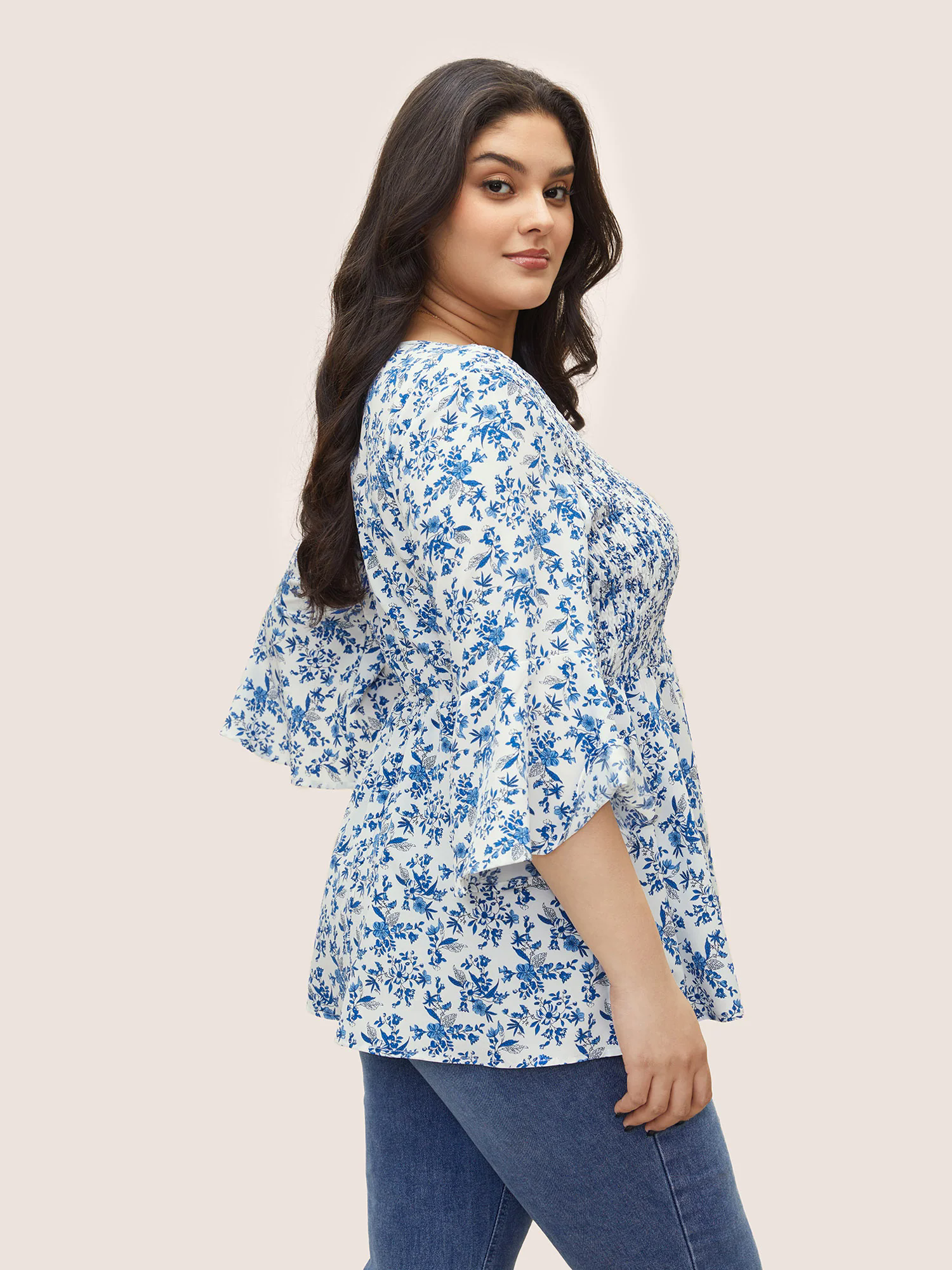 Ditsy Floral Shirred Ruffle Sleeve Blouse Ditsy Floral Shirred Ruffle Sleeve Blouse