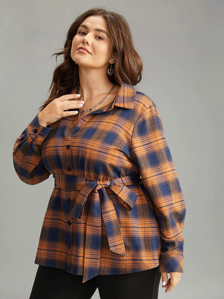 Plaid Elastic Waist Shirt Collar Blouse Plaid Elastic Waist Shirt Collar Blouse