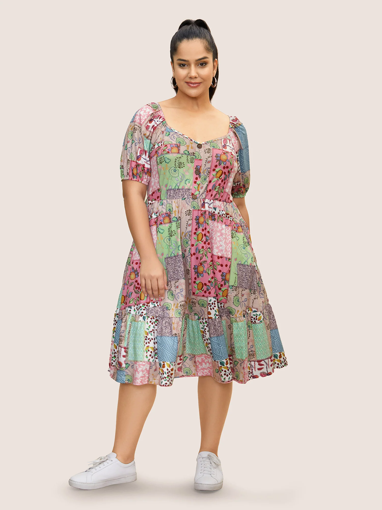 Patchwork Boho Print Raglan Sleeve Midi Dress