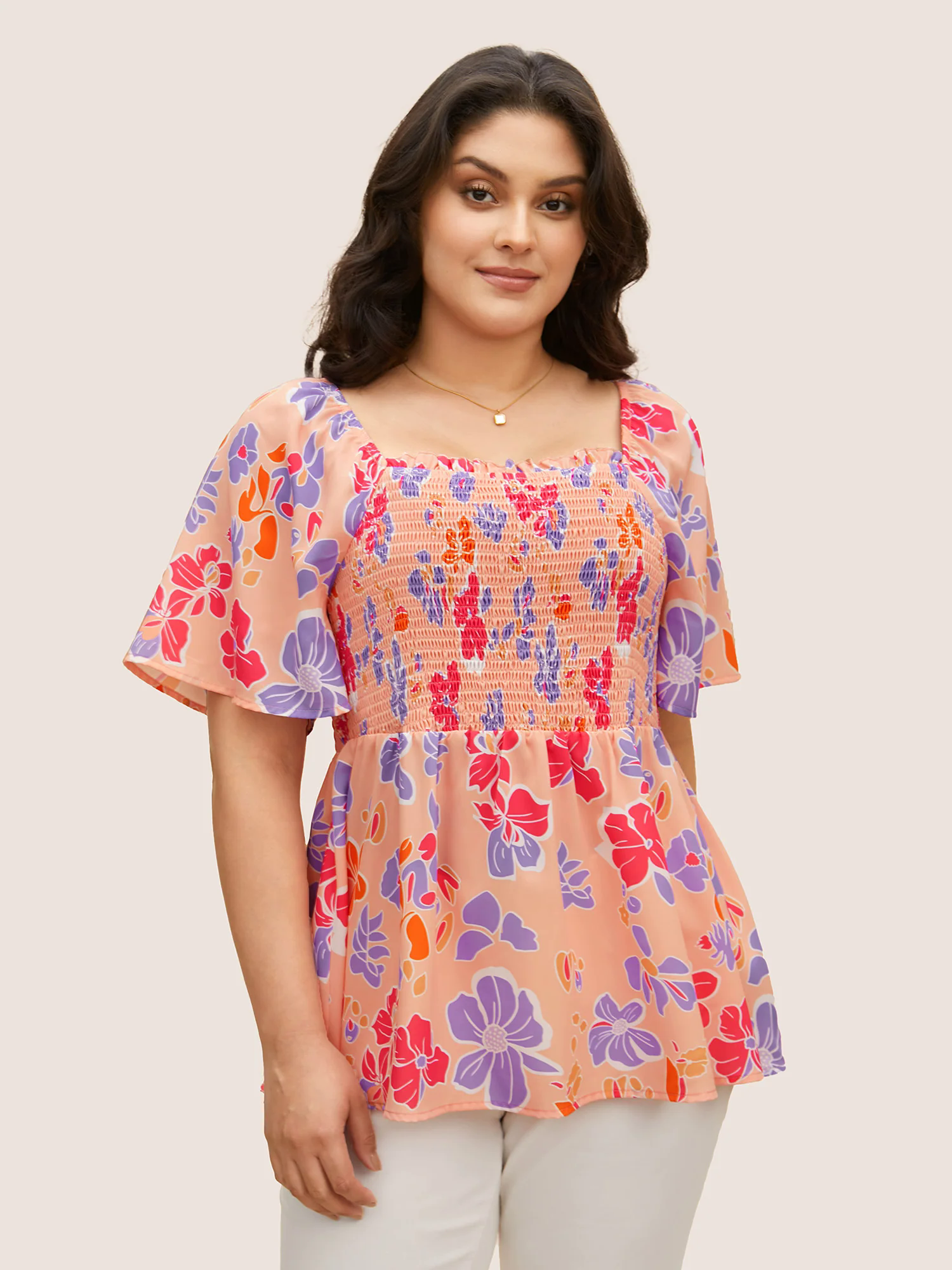 Floral Square Neck Frill Trim Shirred Blouse