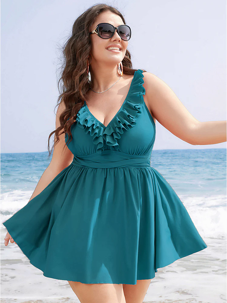 Ruffle Trim Adjustable Straps Gathered Sculpt Waist Swim Dress Ruffle Trim Adjustable Straps Gathered Sculpt Waist Swim Dress