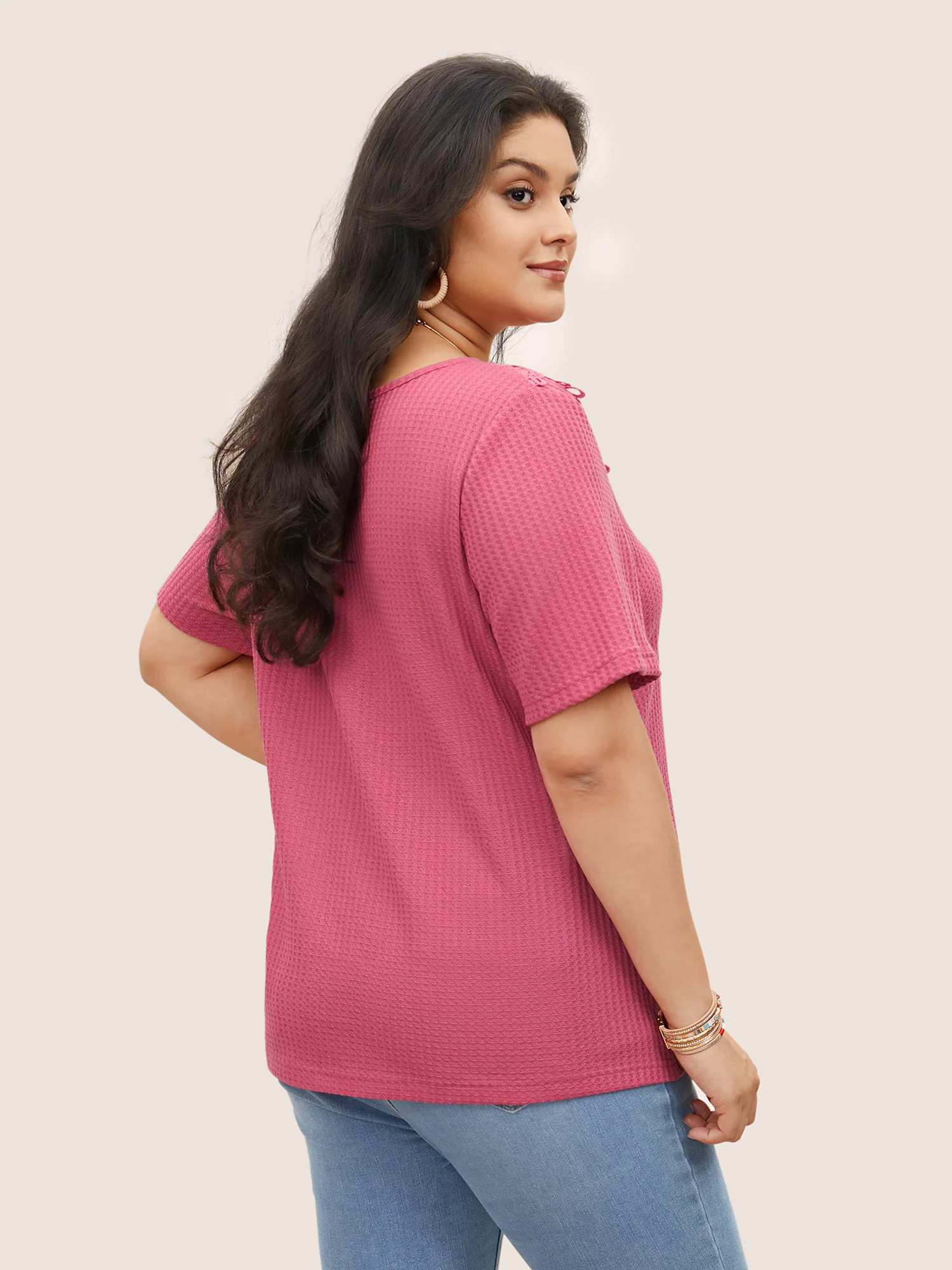 Solid Waffle Knit Lace Panel T-shirt Solid Waffle Knit Lace Panel T-shirt