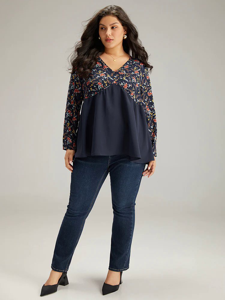 Floral Print Patchwork Pleated Blouse Floral Print Patchwork Pleated Blouse