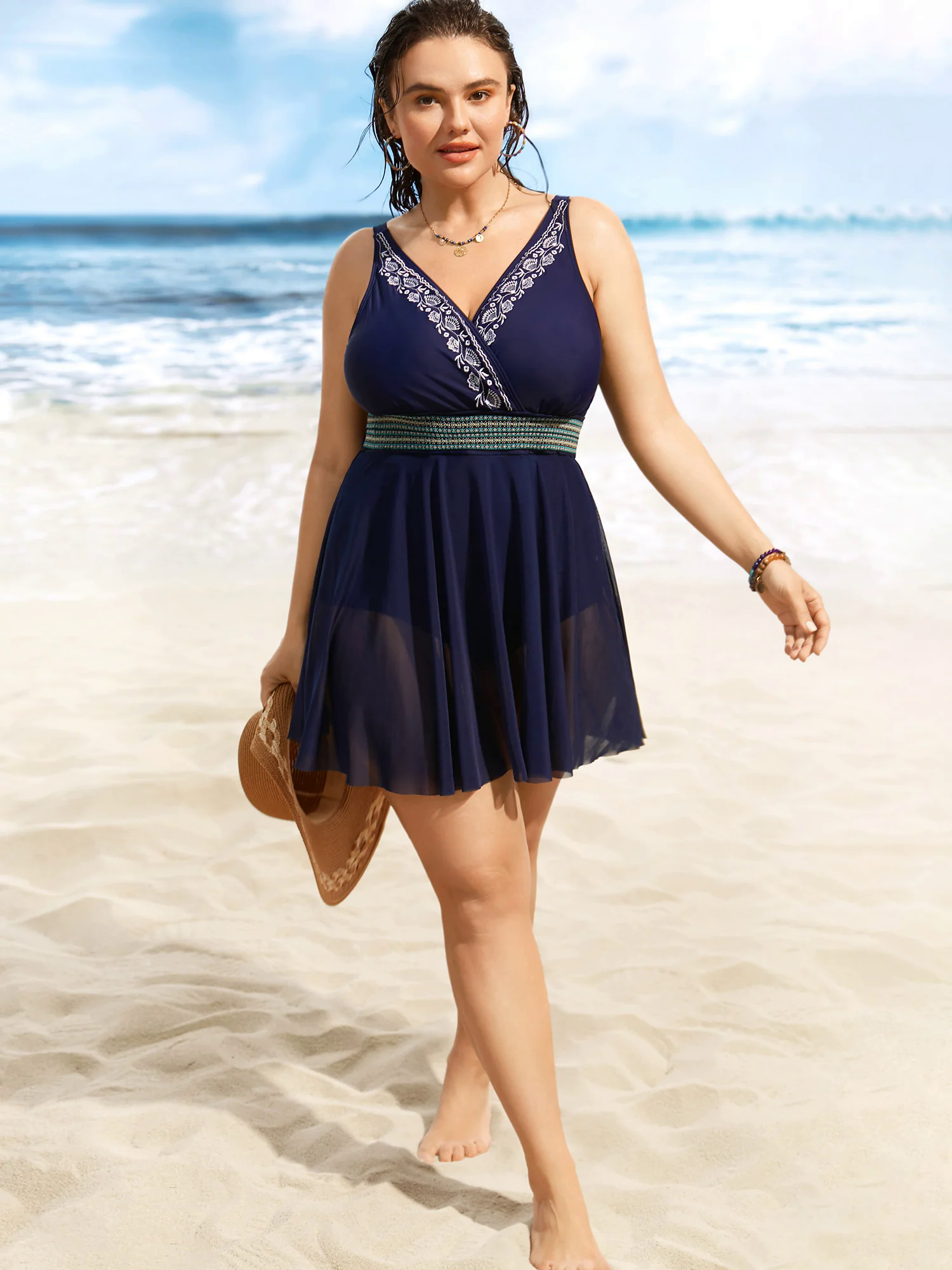 Overlap Collar Floral Embroidered Contrast Webbing Swim Dress Overlap Collar Floral Embroidered Contrast Webbing Swim Dress