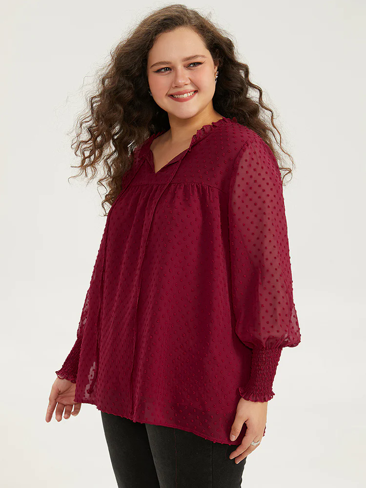 Halloween Solid Tie Neck Shirred Blouse Halloween Solid Tie Neck Shirred Blouse