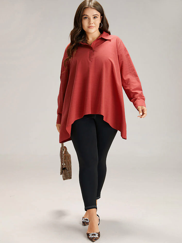 Cotton Curved Hem Button Down Blouse Cotton Curved Hem Button Down Blouse