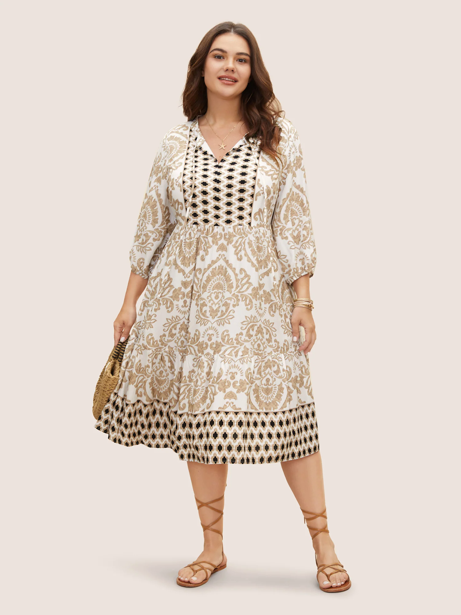 Boho Print Tie Knot Lantern Sleeve Dress Boho Print Tie Knot Lantern Sleeve Dress
