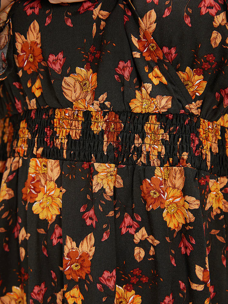 Floral Print Wrap Shirred Lantern Sleeve Blouse Floral Print Wrap Shirred Lantern Sleeve Blouse