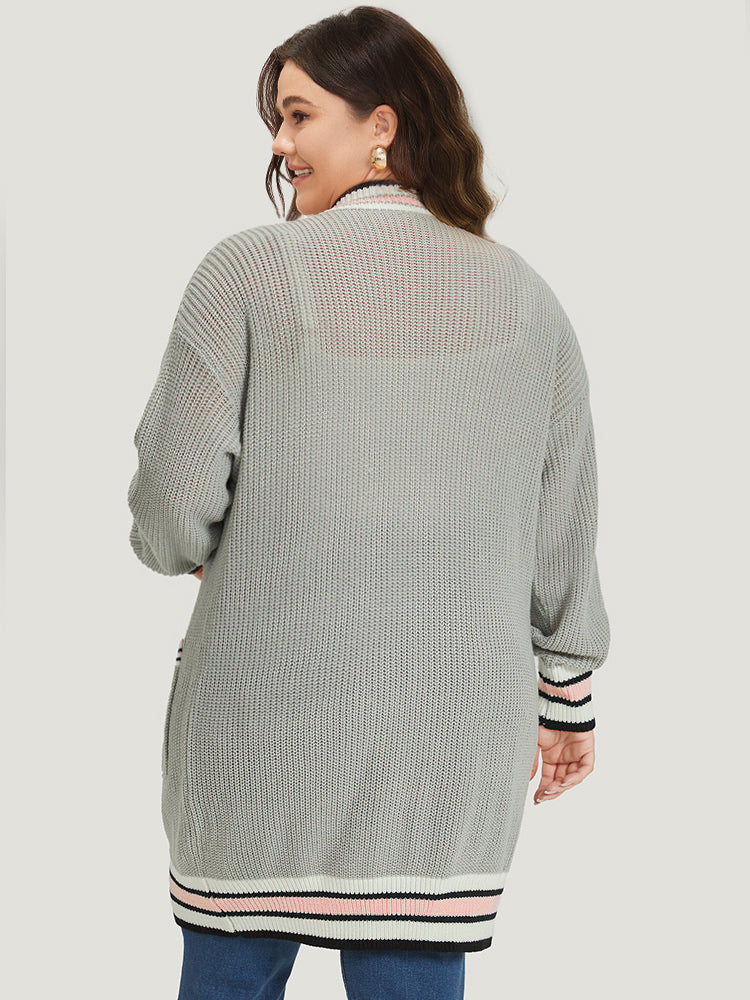 Striped Contrast Drop Shoulder Elastic Cuffs Cardigan Striped Contrast Drop Shoulder Elastic Cuffs Cardigan
