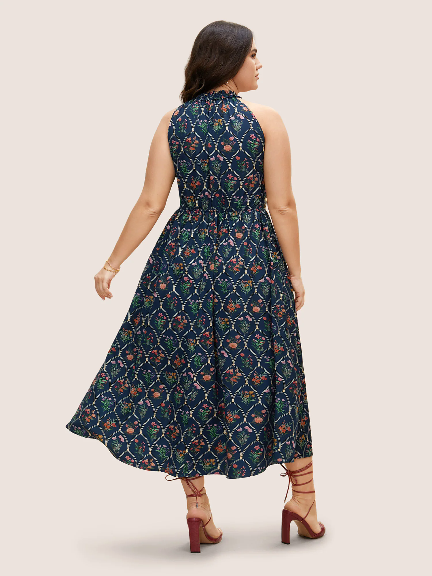 Boho Print Woven Ribbon Tie Knot Frill Trim Dress Boho Print Woven Ribbon Tie Knot Frill Trim Dress