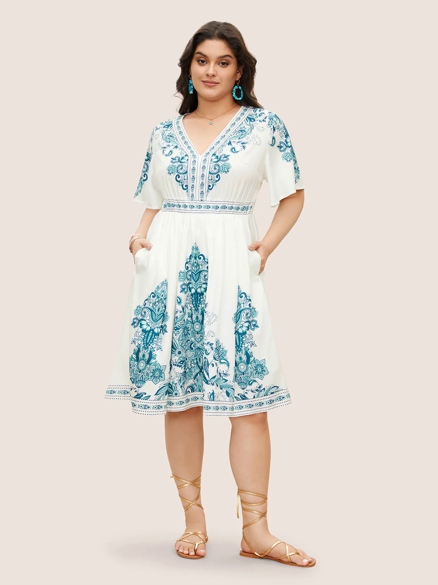 Bandana Print Ruffle Sleeve V Neck Pocket Knee Dress Bandana Print Ruffle Sleeve V Neck Pocket Knee Dress