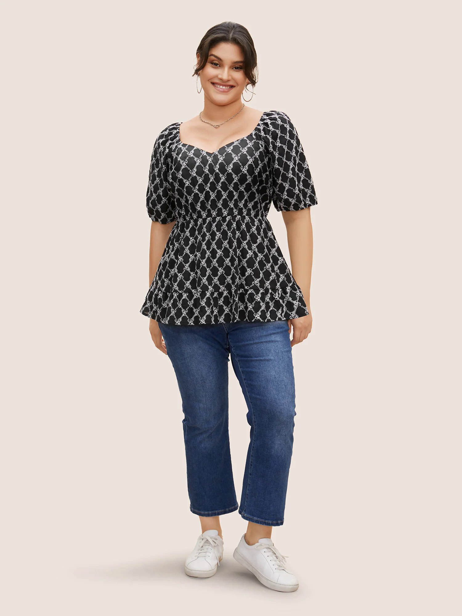 Embroidered Heart Neckline Lantern Sleeve Blouse Embroidered Heart Neckline Lantern Sleeve Blouse
