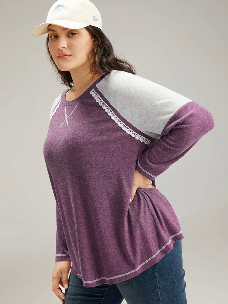 Two Tone Lace Trim Stitch Raglan Sleeve T-shirt Two Tone Lace Trim Stitch Raglan Sleeve T-shirt