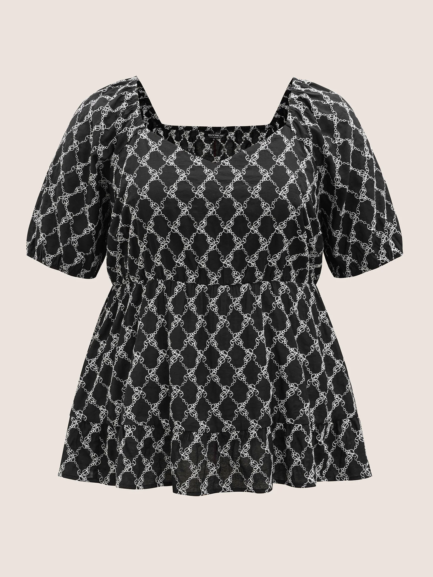 Embroidered Heart Neckline Lantern Sleeve Blouse Embroidered Heart Neckline Lantern Sleeve Blouse