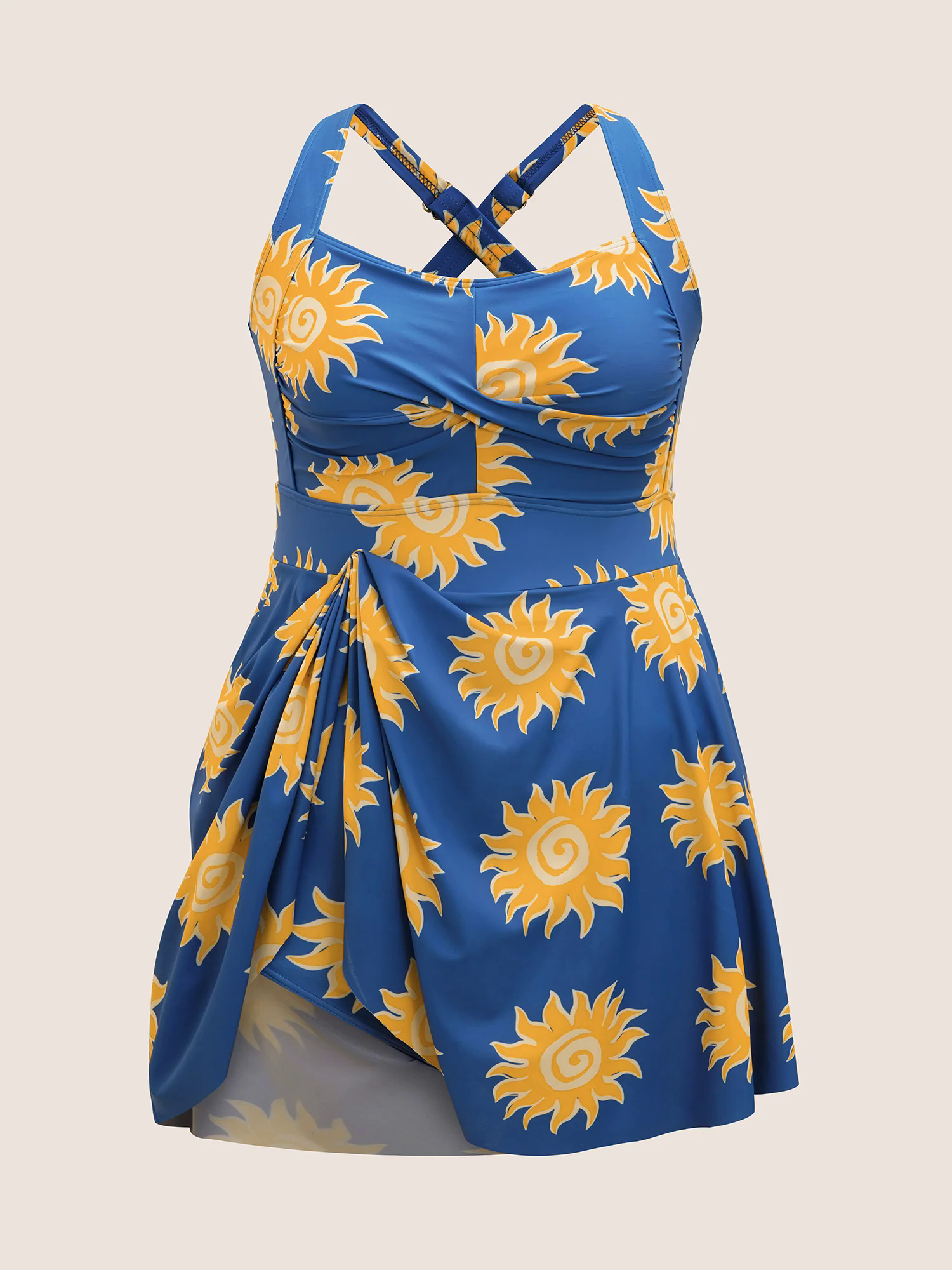 Heart Neckline Sun Print Crossover Swim Dress Heart Neckline Sun Print Crossover Swim Dress