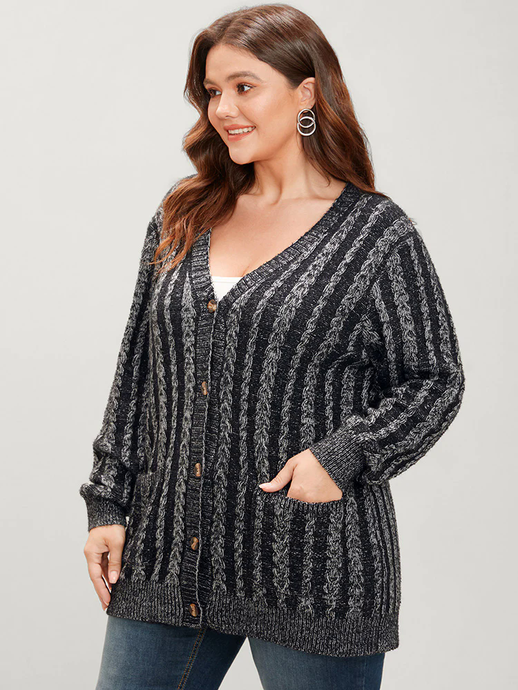 Striped Contrast Pointelle Knit Pocket Button Front Heather Cardigan Striped Contrast Pointelle Knit Pocket Button Front Heather Cardigan