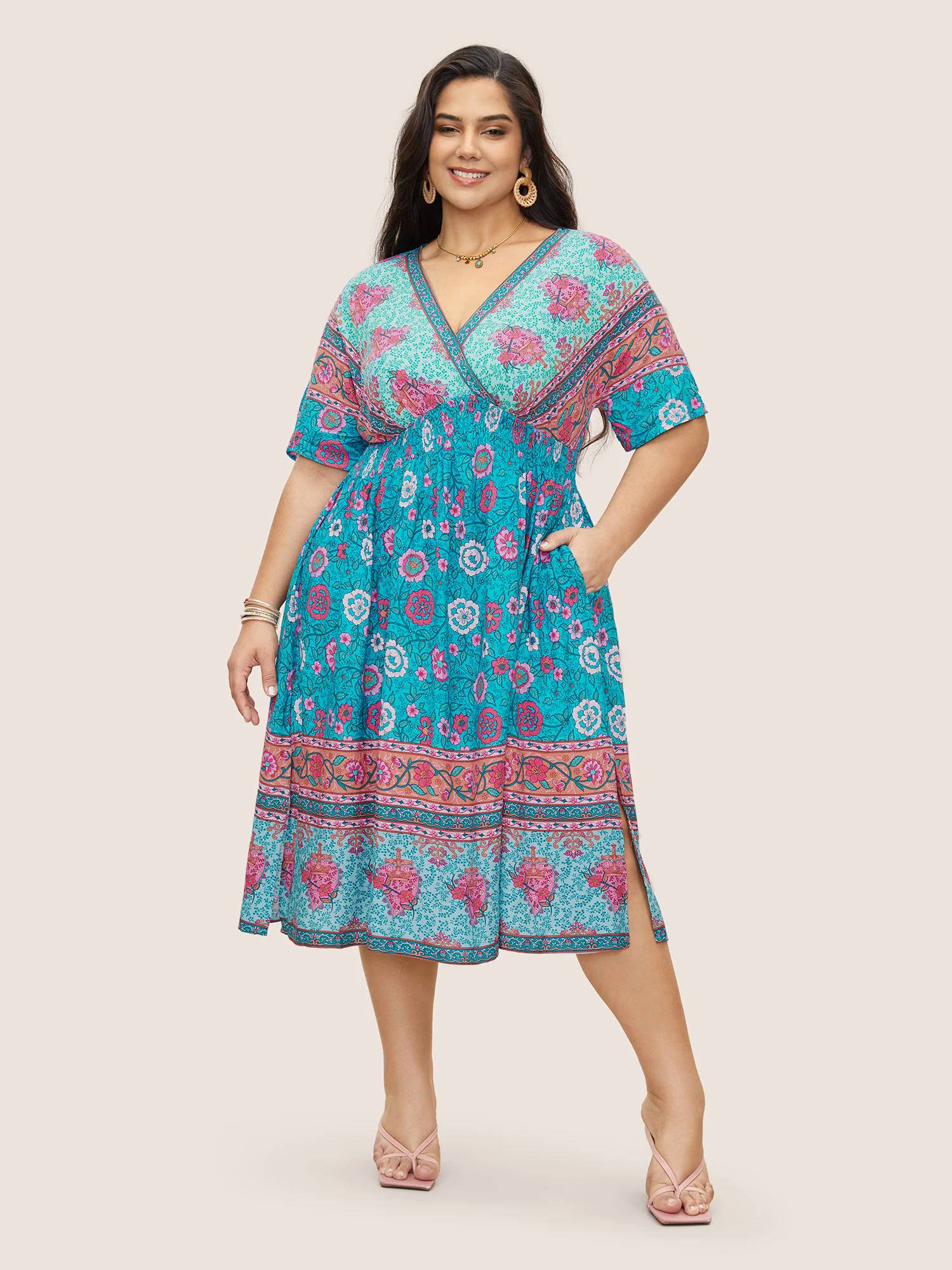 Floral Dolman Sleeve Ruffles Shirred Split Hem Dress Floral Dolman Sleeve Ruffles Shirred Split Hem Dress