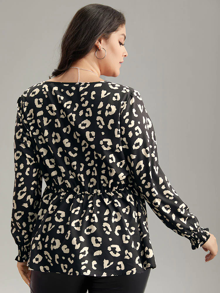 Leopard Print Crossover Ruched Shirred Blouse