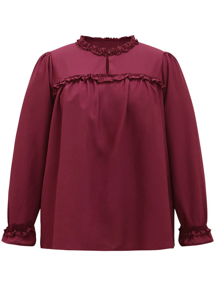 Solid Frill Trim Puff Sleeve Blouse Solid Frill Trim Puff Sleeve Blouse
