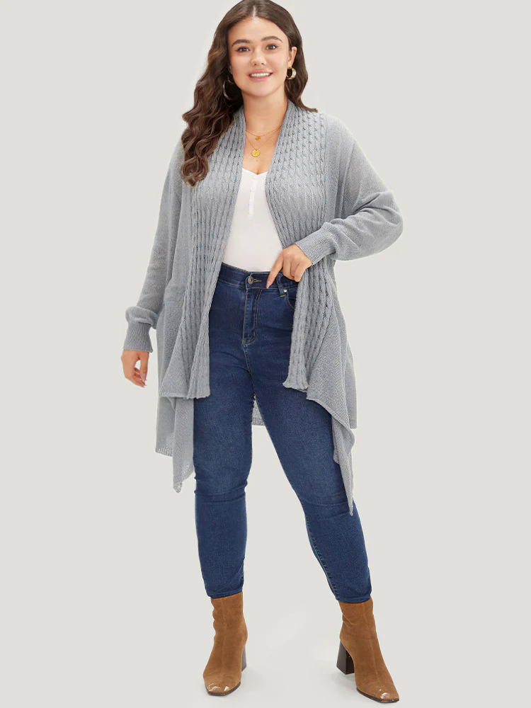 Cable Knit Open Front Asymmetrical Hem Cardigan