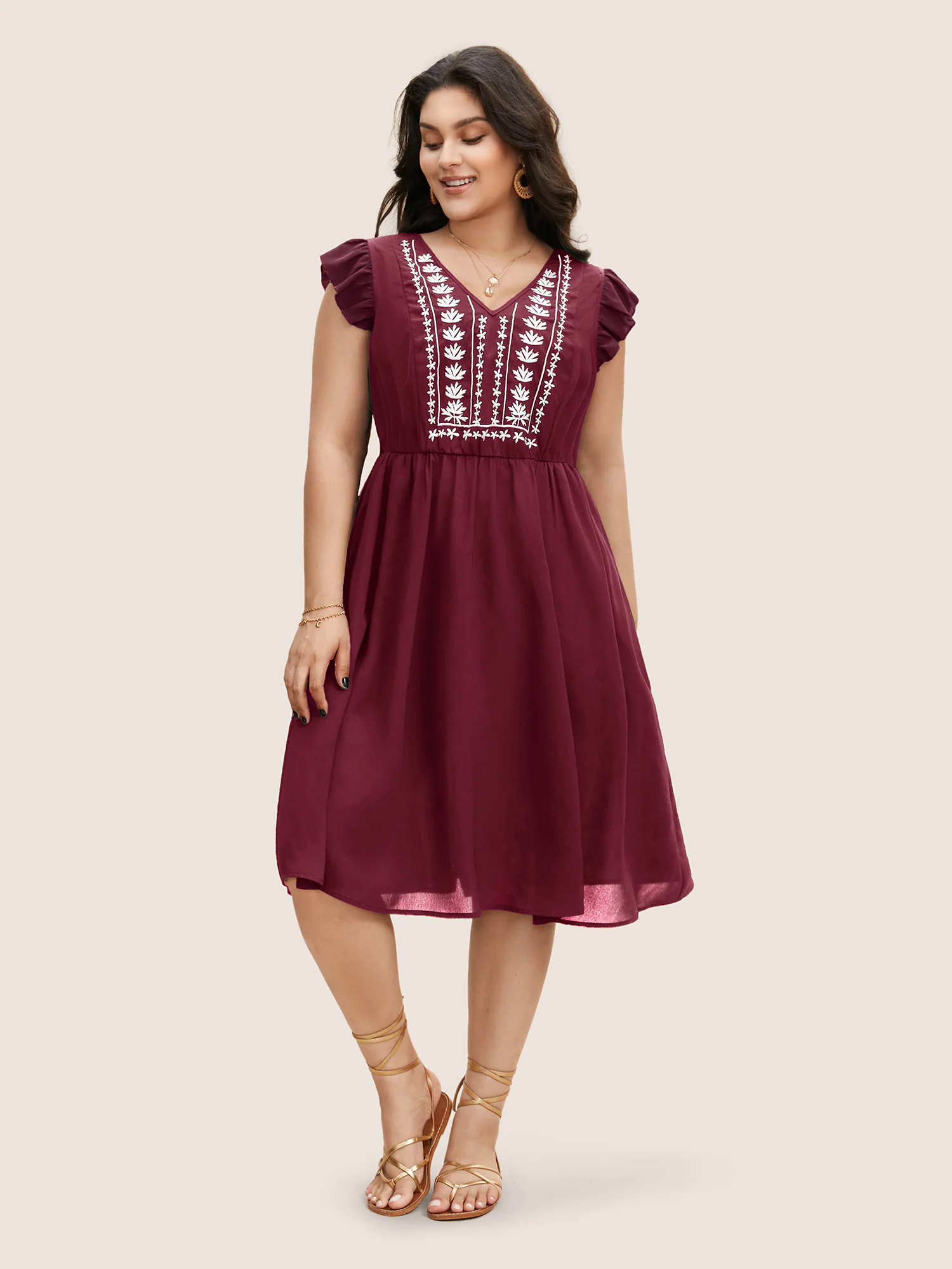 Floral Embroidered V Neck Ruffle Cap Sleeve Dress Floral Embroidered V Neck Ruffle Cap Sleeve Dress