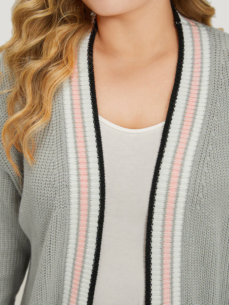 Striped Contrast Drop Shoulder Elastic Cuffs Cardigan Striped Contrast Drop Shoulder Elastic Cuffs Cardigan