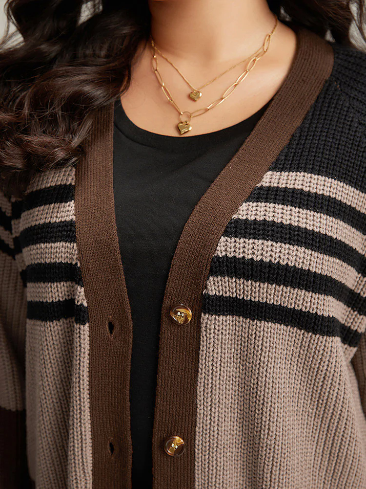 Striped Colorblock Patched Pocket Cardigan Striped Colorblock Patched Pocket Cardigan