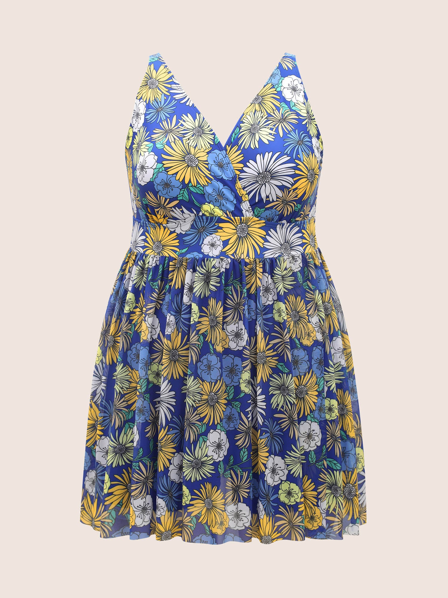 Overlap Collar Floral Mesh Split Side Swim Dress Overlap Collar Floral Mesh Split Side Swim Dress