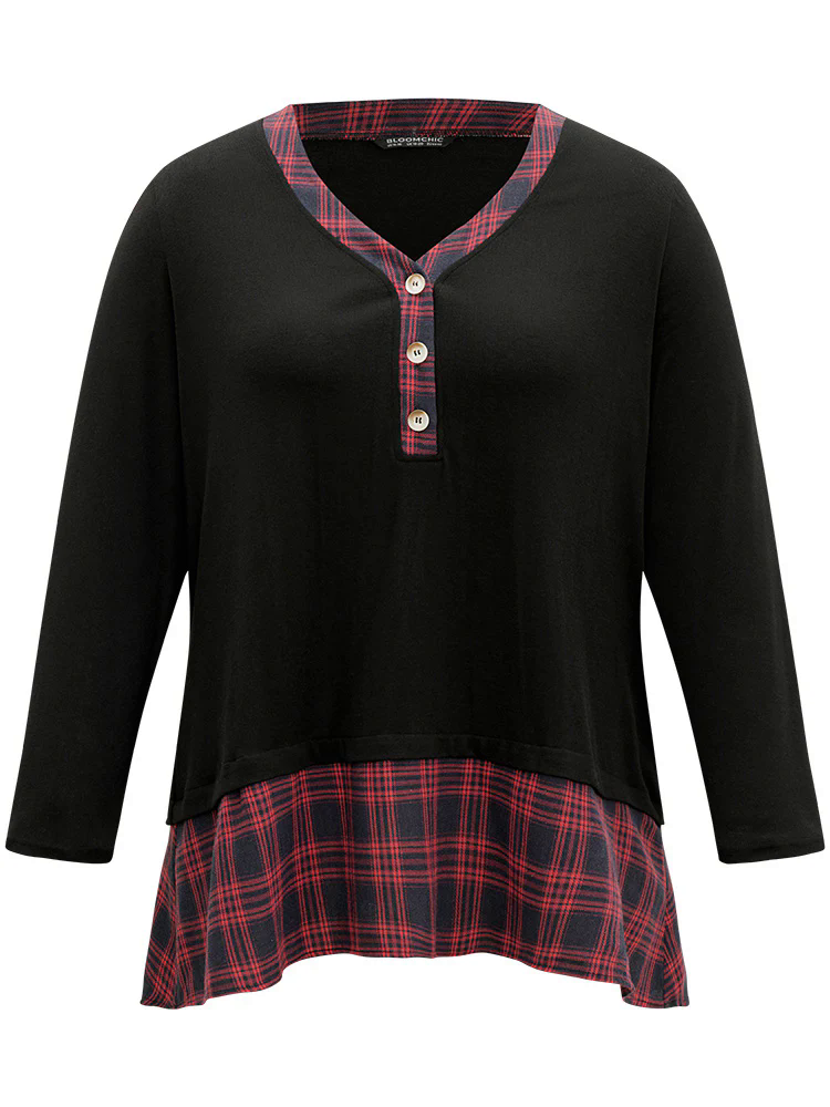 Plaid Patchwork Button Through T-shirt Plaid Patchwork Button Through T-shirt